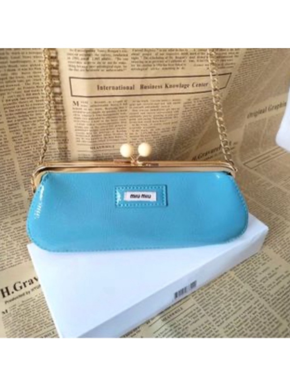 Miu Miu Teal Leather Clutch with Gold-Tone Chain - Picture 5 of 7